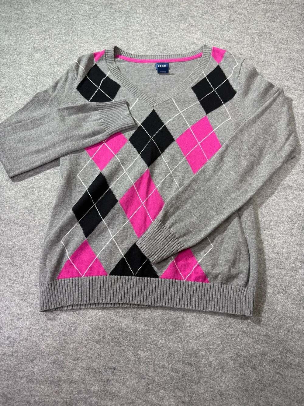 Izod Argyle V-Neck Sweater Size S Grey Pink Black Cotton Long Sleeve